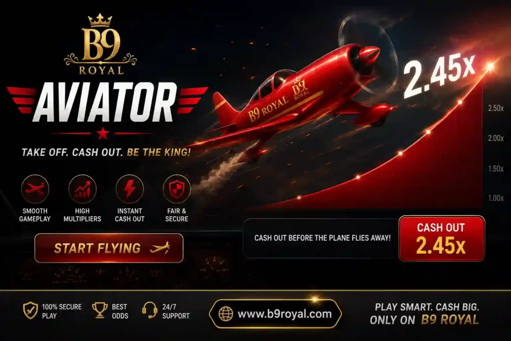 Aviator game promotional banner featuring a red airplane, rising multiplier graph, and B9Royal branding for an online crash game.