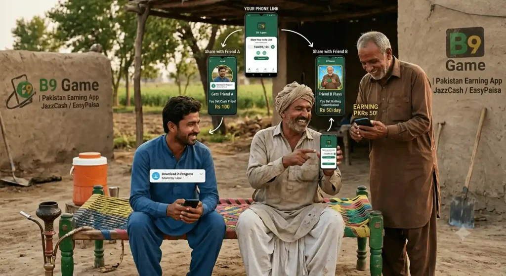 Three Pakistani villagers in traditional Shalwar Kameez sitting on a charpai in a rural setting, smiling and looking at their Android mobile phones. Overlay graphics show a simple flowchart mapping out how sharing an invitation link with friends generates cash prizes and daily commissions via JazzCash and EasyPaisa.