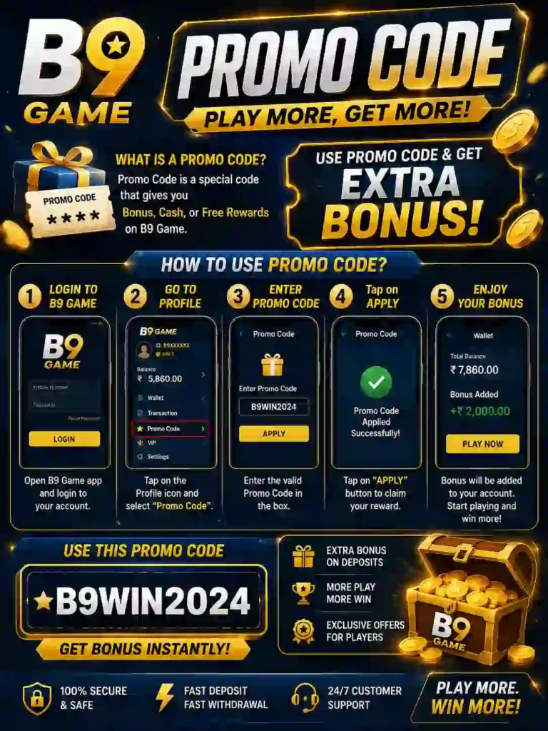 A sleek black-and-gold icon featuring the text "B9 Game Promo Codes" with metallic lettering, surrounded by floating gold coins and a premium gaming-themed background.