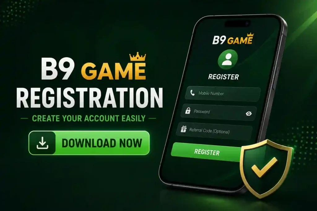 B9 Game registration screen showing mobile app signup interface with secure account creation.