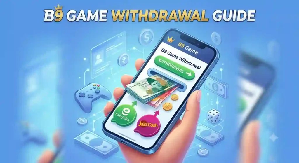 A 3D illustration of a smartphone screen showing a B9 Game withdrawal, with Pakistani Rupee notes and EasyPaisa and JazzCash icons.