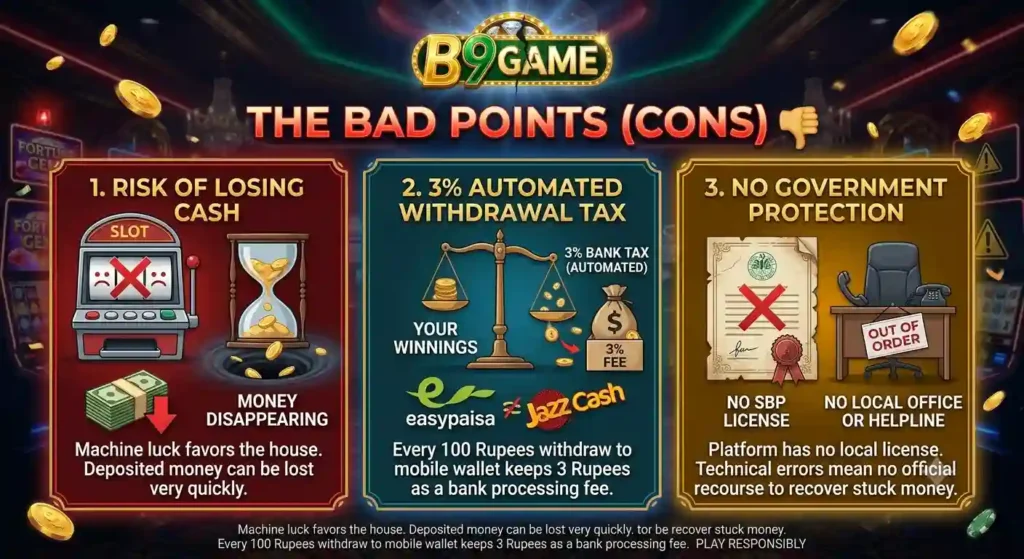 A detailed infographic listing three main disadvantages (Cons) of the B9 Game platform, set within a dark casino environment with falling gold coins. The central B9 Game logo sits above the bold title 'THE BAD POINTS (CONS) 👎' on a dark banner. The grid features three numbered, cautionary panels, each with icons and descriptive text:

Risk of Losing Cash: Displays a slot machine icon with a large red 'X' and an hourglass where gold coins pour into a dark vortex, illustrating disappearing money. Text explains that machine luck favors the house and deposited money can be lost very quickly.

3% Automated Withdrawal Tax: Features a financial scale showing coins labeled 'YOUR WINNINGS' alongside a small fee, next to a money bag with a deduction arrow and the EasyPaisa and JazzCash logos. Text clarifies that the bank gateway keeps 3 Rupees for every 100 Rupees as a bank processing fee.

No Government Protection: Shows a weathered official document with a broken seal and red 'X' stamps, next to an empty office desk and chair with a broken phone receiver and an 'OUT OF ORDER' sign. Text highlights the platform has no local license, and technical errors offer no official legal authority to recover stuck money.

Small cautionary text at the bottom repeats key financial risks and emphasizes 'PLAY RESPONSIBLY'.