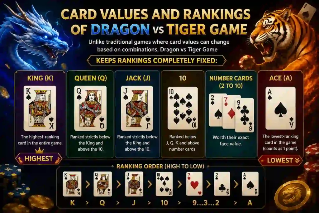 Illustrated Dragon vs Tiger Game card ranking chart showing King as the highest card, Ace as the lowest card, Jack and Queen below King, and number cards 2 to 10 with their face values, alongside a blue dragon and roaring tiger.