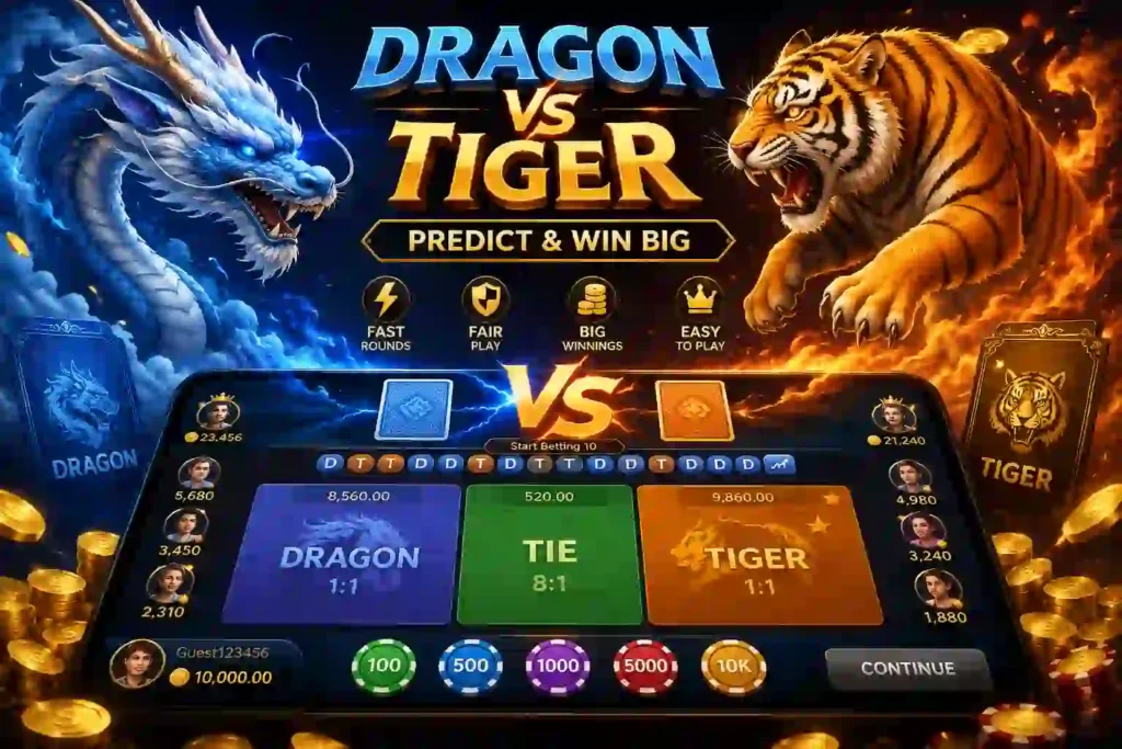 Blue dragon and roaring tiger facing each other in a Dragon vs Tiger game with a modern gaming interface, gold coins, and dramatic blue and orange visual effects.