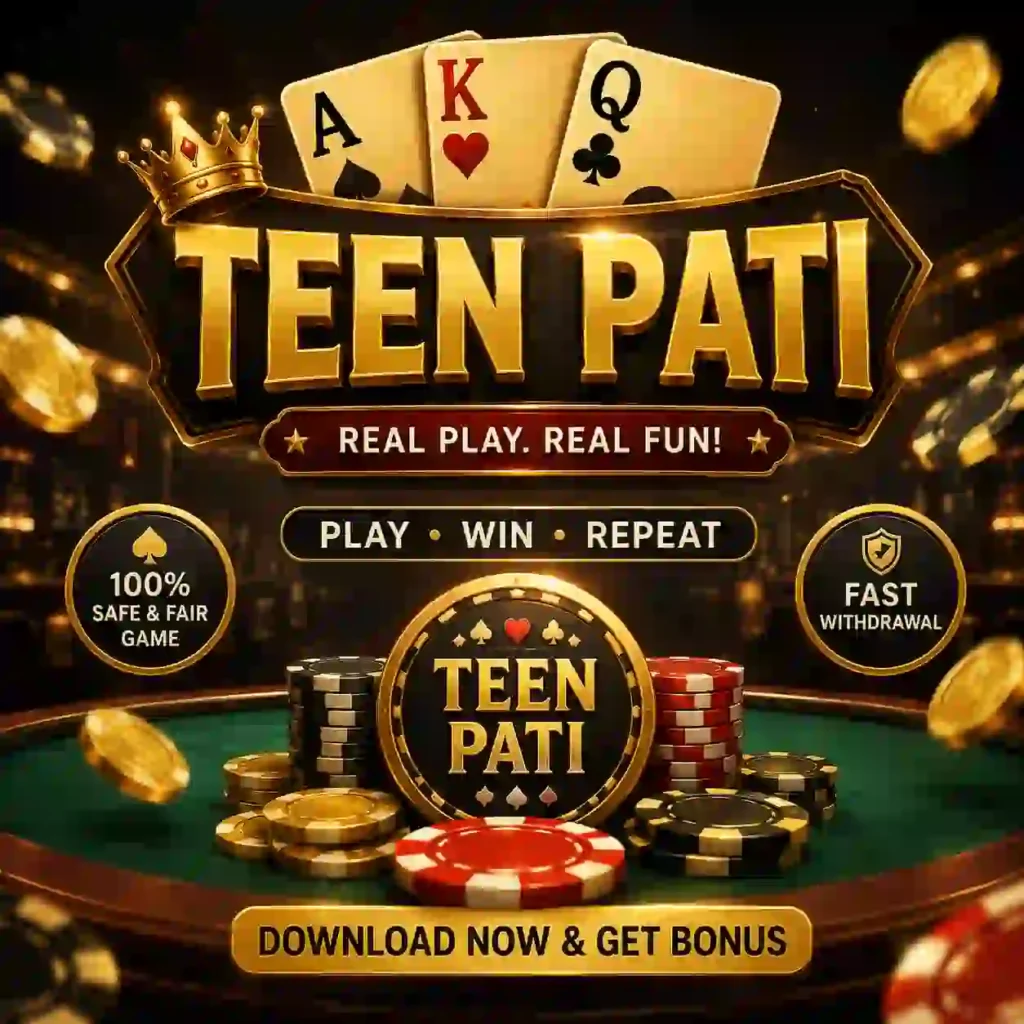 Teen Patti game promotional banner featuring playing cards, poker chips, gold coins, and a luxury black and gold casino-style background.